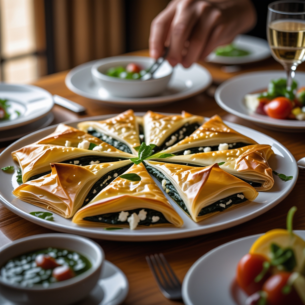 Fresh spanakopita with golden phyllo pastry